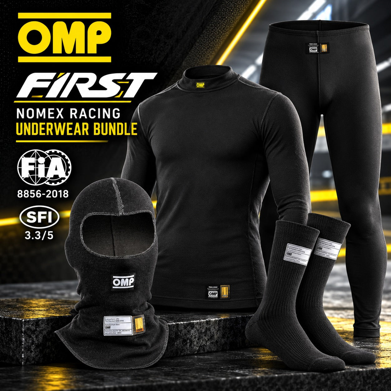 OMP FIRST Nomex racing underwear bundle with shirt, pants, balaclava and socks FIA 8856-2018 and SFI 3.3/5