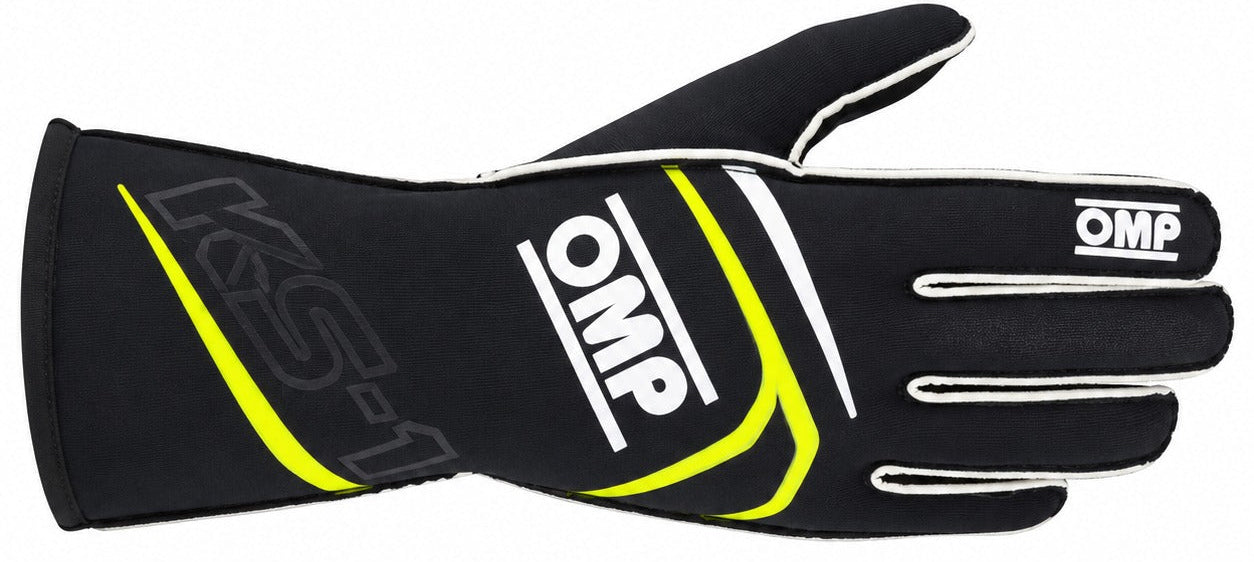 OMP First black and yellow fluo racing glove facing right on a white background