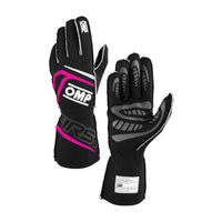 Thumbnail for A pair of black OMP racing gloves, one showing the back of the hand with white piping and a pink graphic, and the other showing the palm with gray grip patterns.