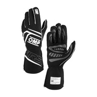 Thumbnail for A pair of black OMP racing gloves shown against a plain white background, displaying both the back of one glove and the palm of the other.