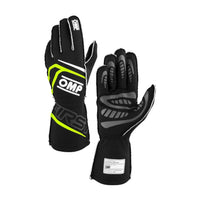 Thumbnail for A pair of black OMP racing gloves shown against a plain white background, displaying both the backhand and palm views to showcase the grip patterns and branding.