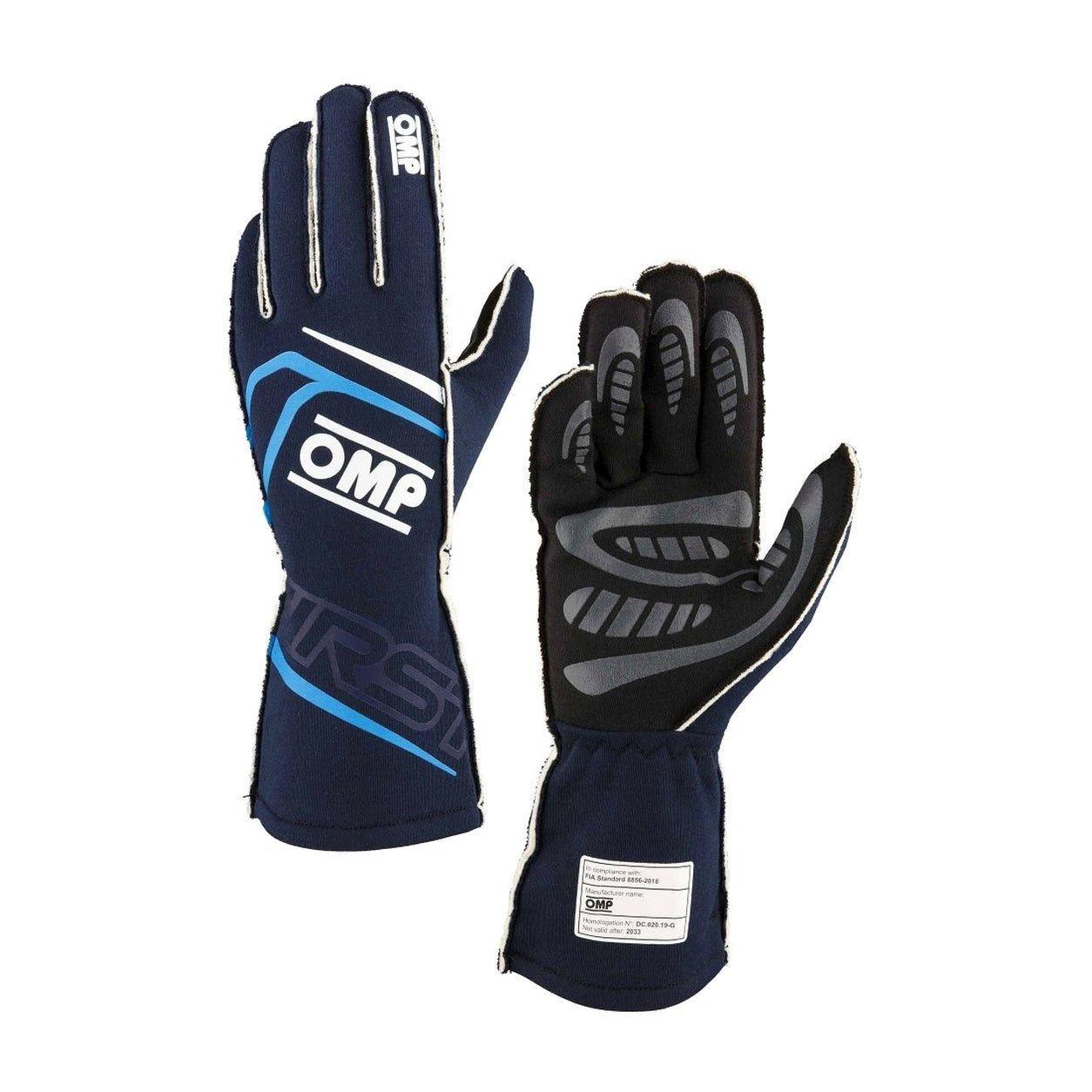 A pair of OMP racing gloves shown against a plain white background, displaying both the back of the left hand and the palm of the right hand.