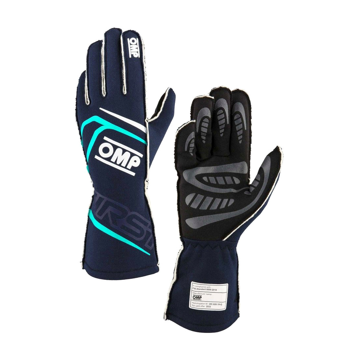 A pair of OMP Racer gloves shown against a plain white background, displaying both the back of the left hand and the palm of the right hand.