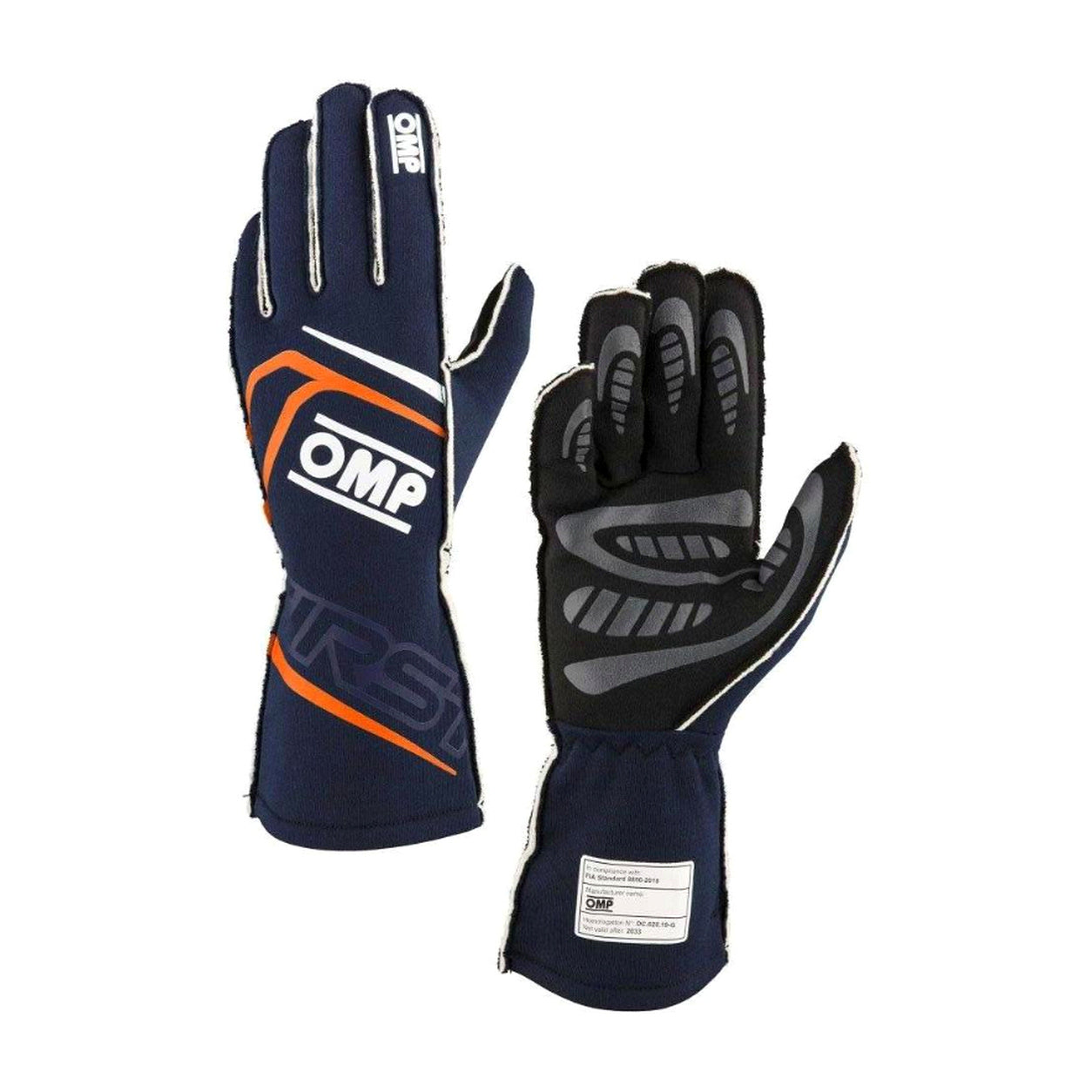A pair of OMP racing gloves, one showing the back of the hand in navy blue with orange and white graphics, and the other showing the palm in black with gray grip patterns.