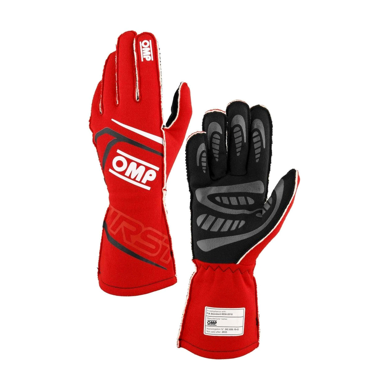 A pair of red and black OMP racing gloves shown against a plain white background, displaying both the backhand and palm views.