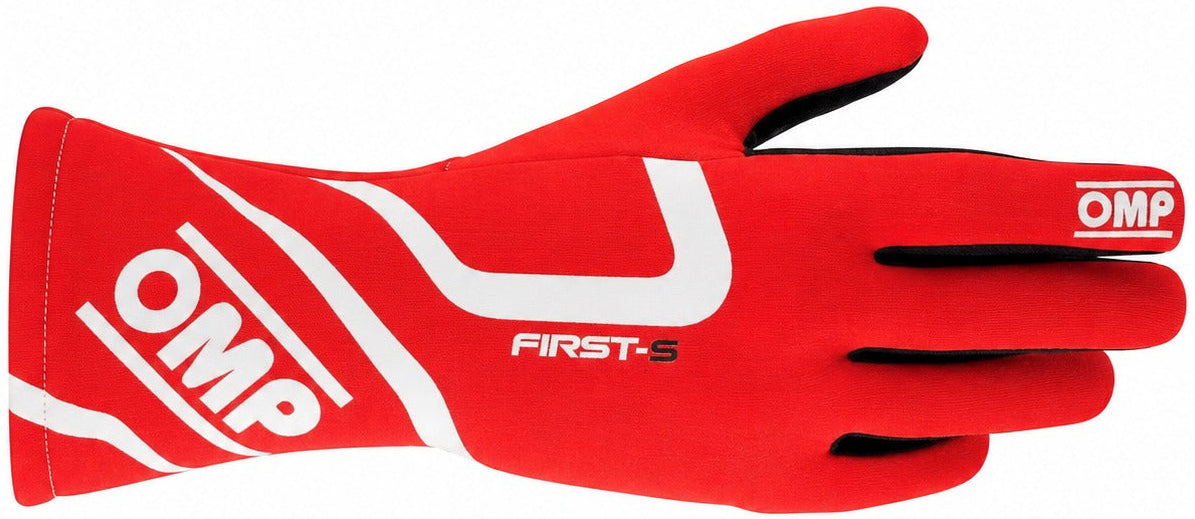 OMP First-S red racing glove facing right on a white background