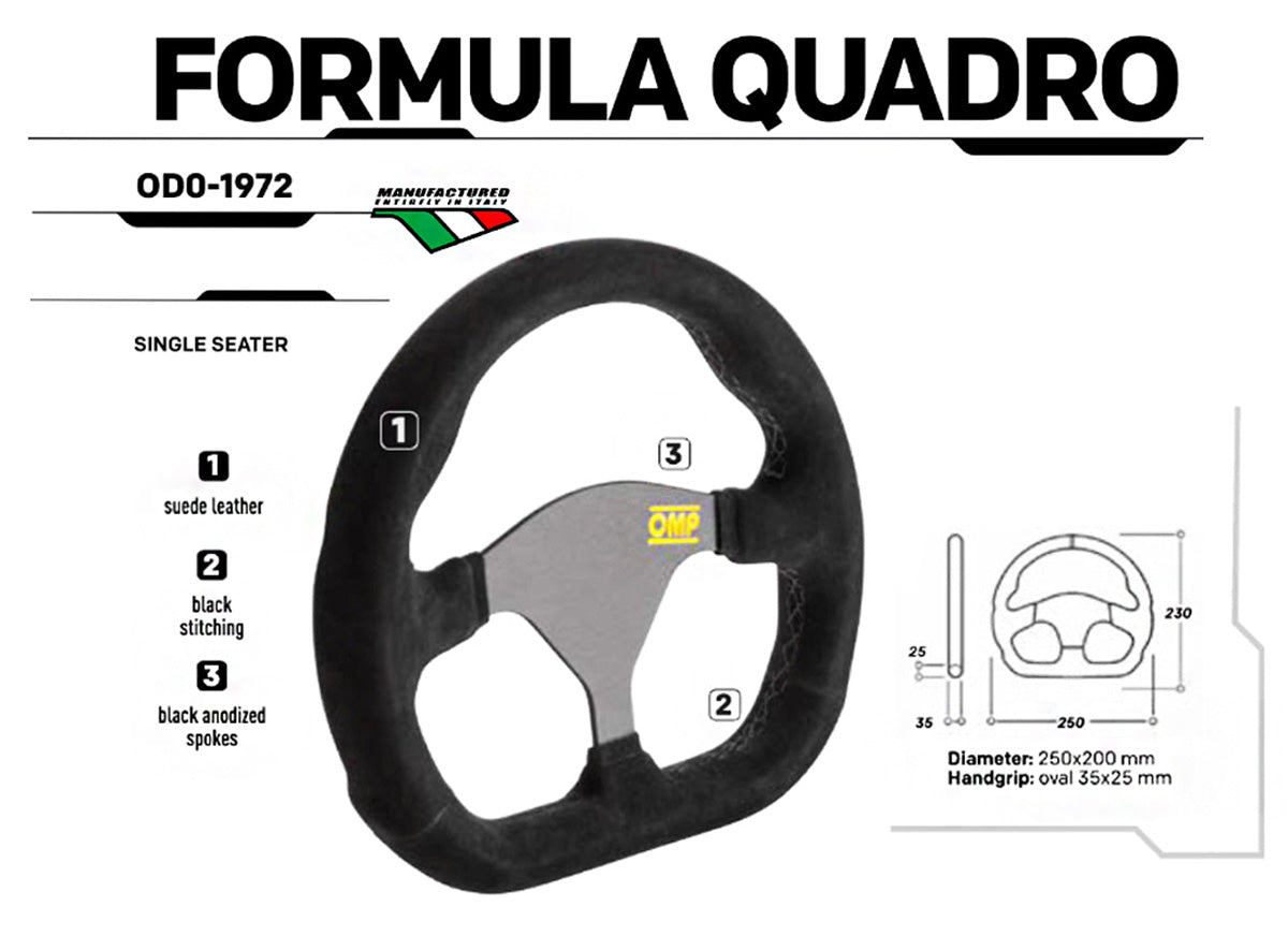 Steering wheel information panel with OMP Formula Quadro on a white background