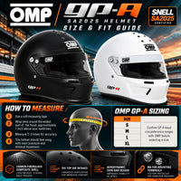 Thumbnail for OMP GP-A SA2025 racing helmet size and fit guide featuring Matte Black and White helmets, sizes S through XL, head-measuring instructions, carbon-fiberglass construction, six upper air intakes, and M6 HANS mounting provisions.