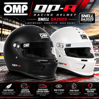 Thumbnail for OMP GP-A SA2025 full-face racing helmets in Matte Black and White, featuring Snell SA2025 certification, lightweight carbon-fiberglass composite shells, six upper air intakes, advanced ventilation, aerodynamic chin-bar gurney, wide eyeport, OMP V1 shield system, and HANS-ready M6 mounting terminals against a dramatic motorsport racing background.