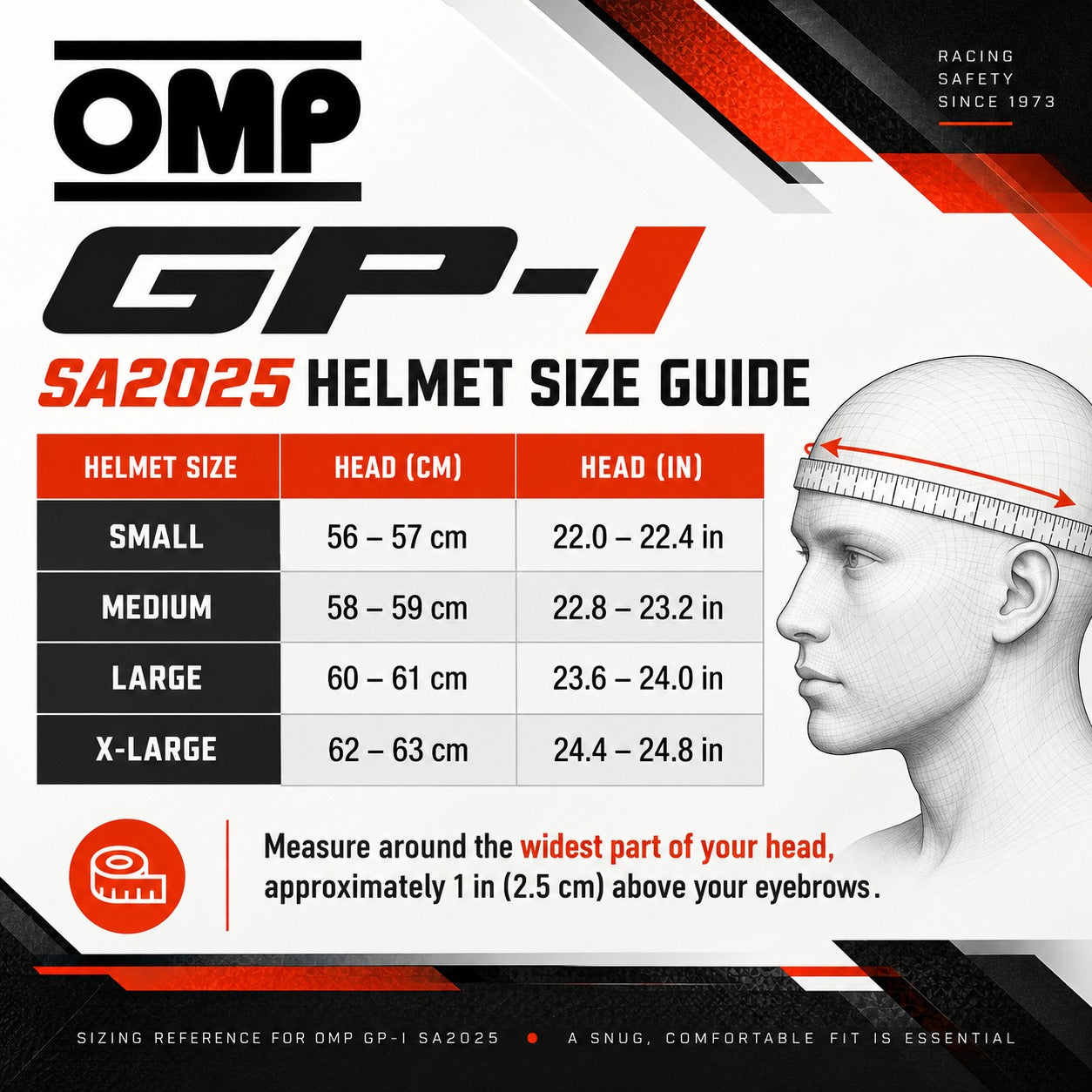 OMP GP-I Snell SA2025 Open-Face Racing Helmet Size Chart with Small to X-Large Sizes, Head Circumference in CM and Inches, and Measuring Instructions.