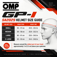 Thumbnail for OMP GP-I Snell SA2025 Open-Face Racing Helmet Size Chart with Small to X-Large Sizes, Head Circumference in CM and Inches, and Measuring Instructions.