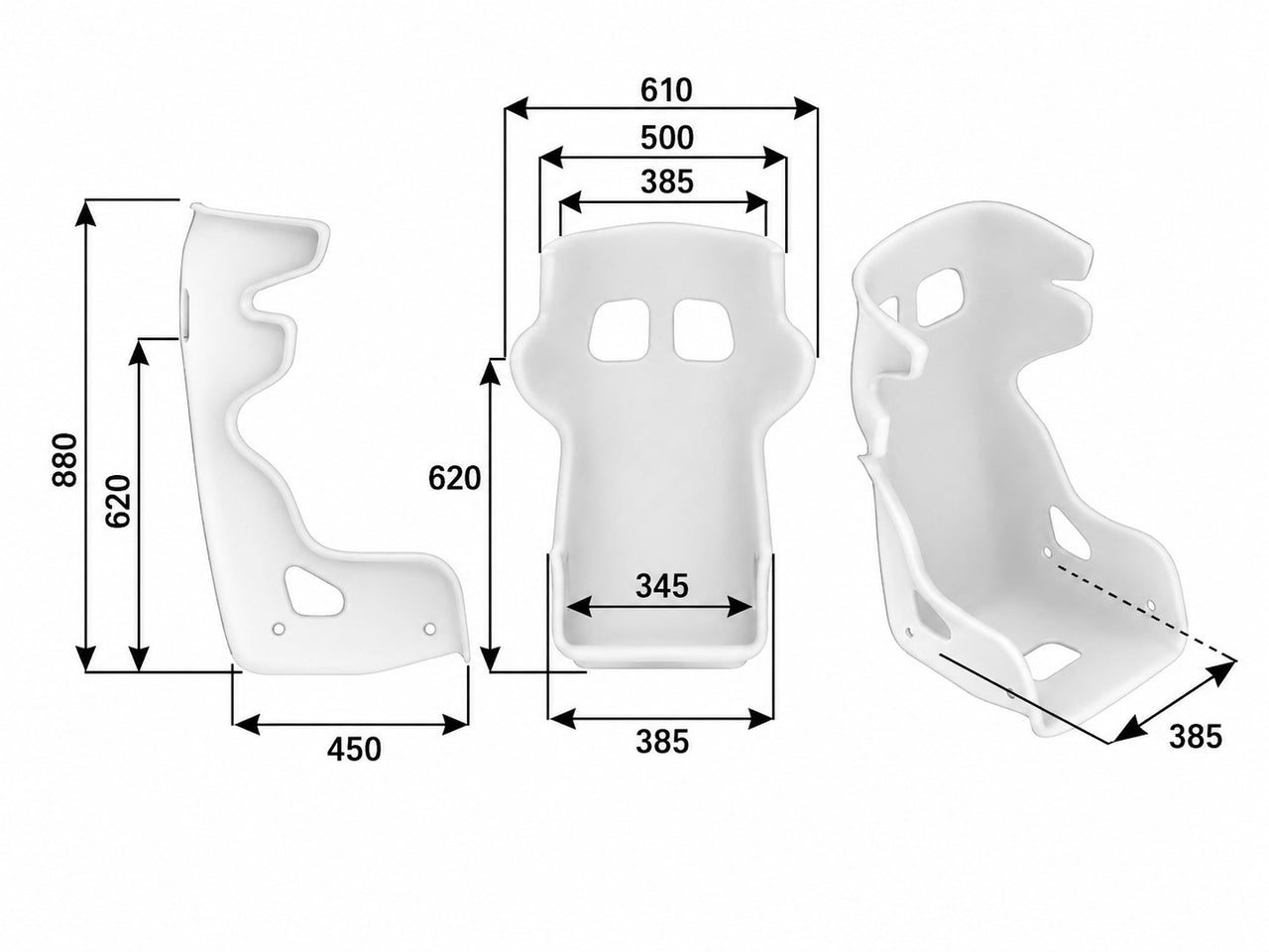 OMP HTE EVO Offroad Racing Seat technical dimension chart showing side, front, and angled measurements for fitment reference.