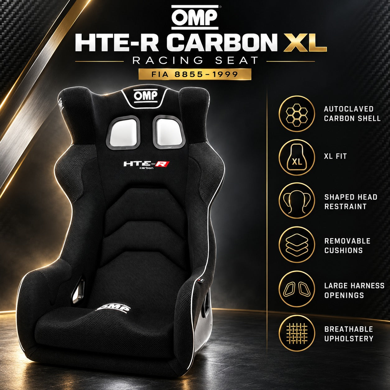 OMP HTE-R Carbon XL racing seat on a black-and-gold background with FIA 8855-1999 certification and six feature callouts.