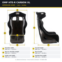 Thumbnail for OMP HTE-R Carbon XL seat sizing chart with labeled arrows showing six measurements in millimeters and inches.