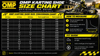 Thumbnail for Official size chart and conversion guide for OMP Karting shoe sizes, featuring a size conversion table, measurement instructions, and fit guide on a black and yellow background.