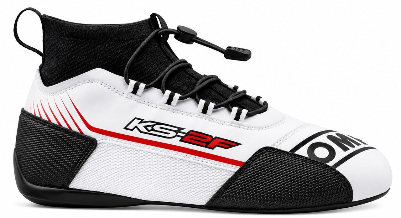 OMP KS-2F kart racing shoe in white and black with red accents, shown in a straight right-facing side view on a white background.