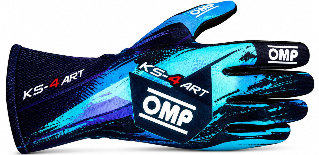 OMP KS-4 ART Kart Racing Glove in blue, cyan, and black facing right