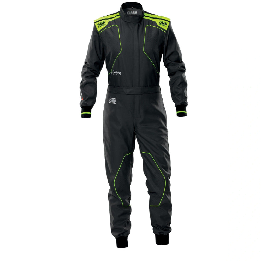 OMP KS-4 black and green kart racing suit front view image