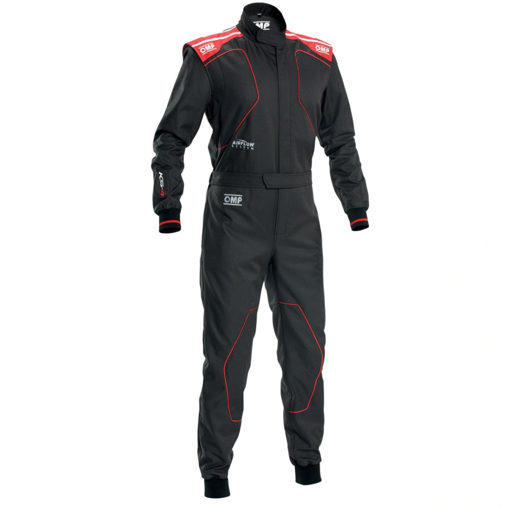 OMP KS-4 black and red kart racing suit front angle image