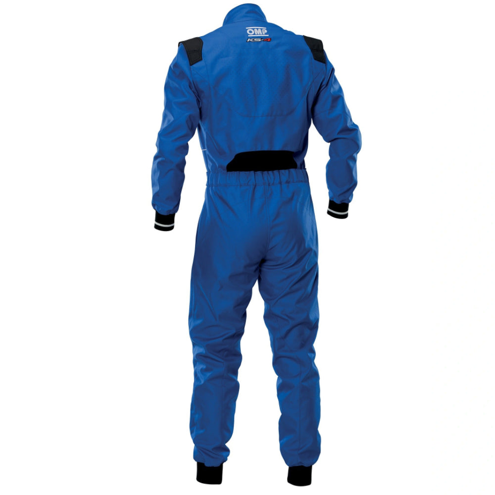 OMP KS-4 blue kart racing suit rear view with black shoulder panels image