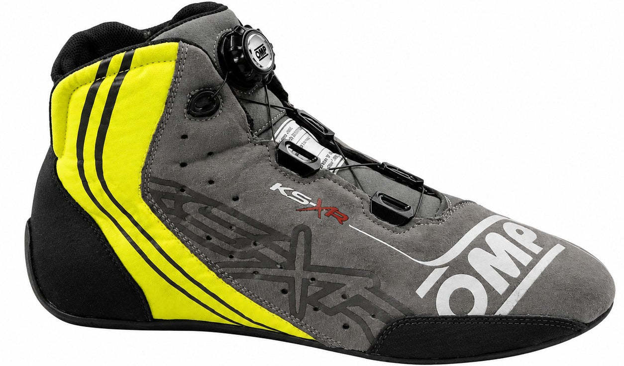 OMP KS-XR kart racing shoe in gray with fluorescent yellow accents, shown in a straight right-facing side view on a white background.