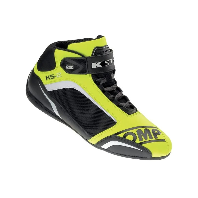 OMP KS-2 karting shoe in yellow and black with angled side view

