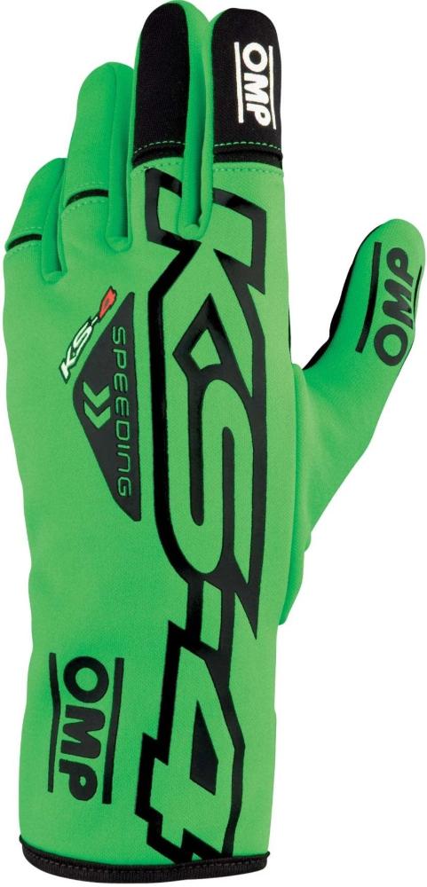 Black and green OMP KS-4 kart gloves – high-performance gloves with tactile grip and flexible wrist closure