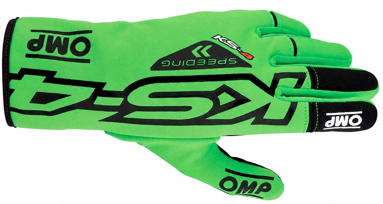 A single bright neon green motocross glove with black and white branding, including 'OMP' and 'KS-4', shown against a plain white background.