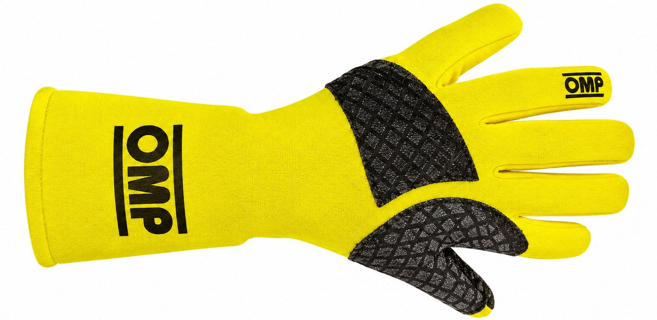 OMP Mech yellow pit crew glove showing the top side and black reinforced panels on a white background
