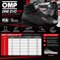 Thumbnail for OMP ONE EVO FX Leather Racing Shoes sizing chart featuring black leather racing boots, EU sizes 37–48, official US men's and UK conversions, foot measurements in centimeters and inches, and FIA 8856-2018 certification.