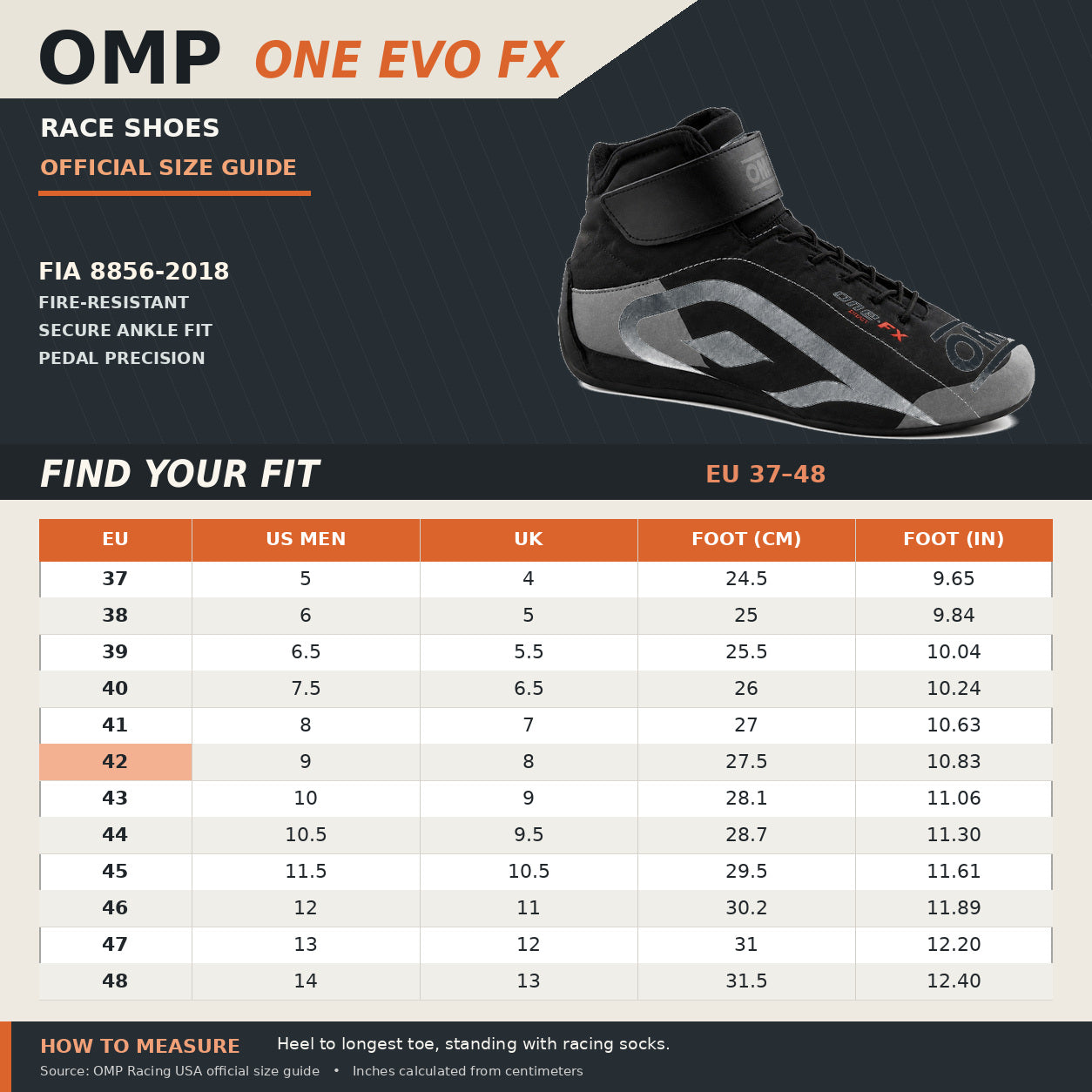 OMP ONE EVO FX Race Shoes sizing chart featuring black and silver racing boots, EU sizes 37–48, official US men's and UK size conversions, foot measurements in centimeters and inches, and FIA 8856-2018 certification.