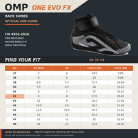 Thumbnail for OMP ONE EVO FX Race Shoes sizing chart featuring black and silver racing boots, EU sizes 37–48, official US men's and UK size conversions, foot measurements in centimeters and inches, and FIA 8856-2018 certification.