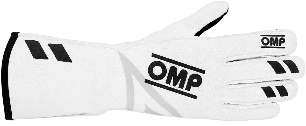 OMP ONE EVO FX white racing glove facing right on a white background