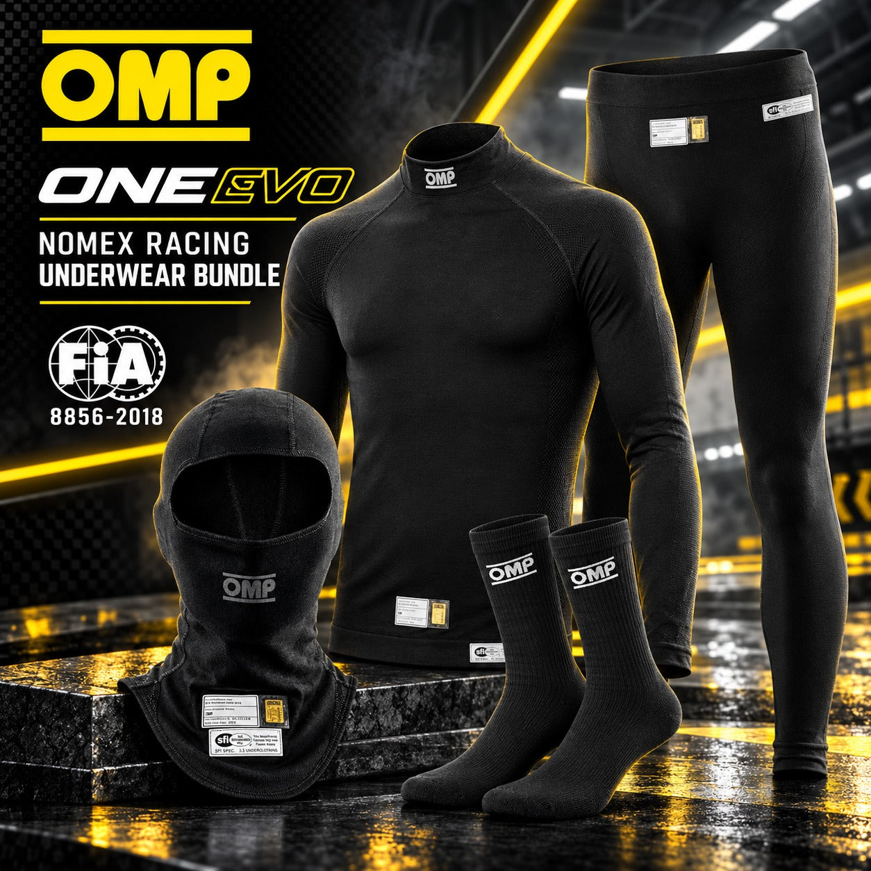 OMP ONE EVO Nomex racing underwear bundle with shirt, pants, balaclava and socks FIA 8856-2018