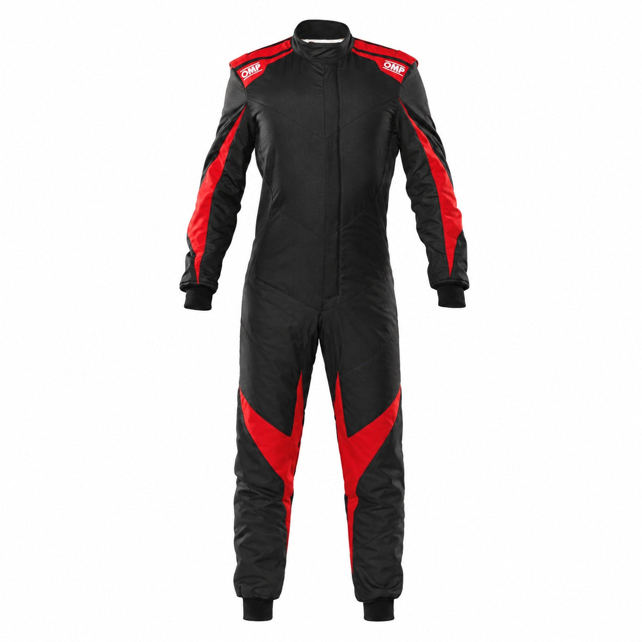 OMP One Evo X driver suit black red front image on a clean white background