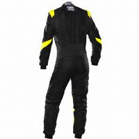 Thumbnail for OMP One Evo X driver suit black yellow rear image on a clean white background