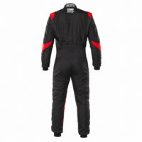 Thumbnail for OMP One Evo X driver suit black red rear image on a clean white background