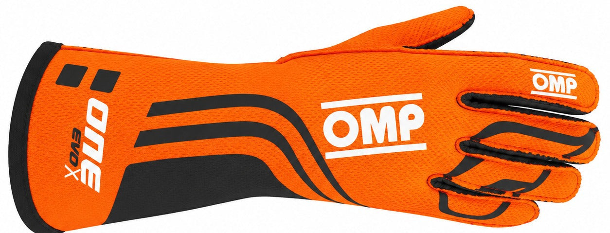 OMP ONE EVO X orange and black racing glove facing right on a white background
