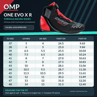 Thumbnail for OMP ONE Evo X R Formula Racing Shoes sizing chart featuring black and red rotary-closure racing boots, EU sizes 37–48, official US men's and UK conversions, foot length measurements, and FIA 8856-2018 certification.