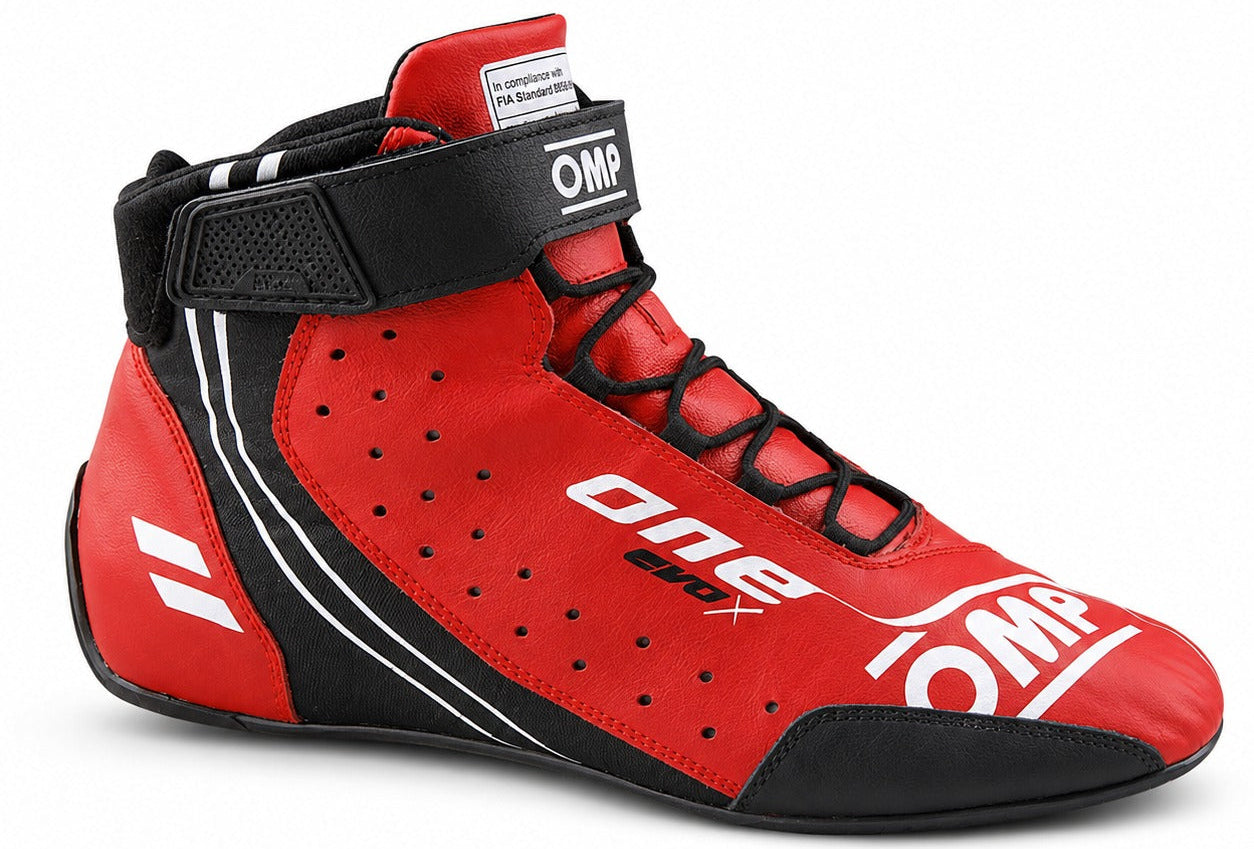 OMP ONE EVO X Race Shoes in red and black, single right-facing high-top racing shoe with ankle strap, black laces, perforated side panels, OMP branding, and black toe reinforcement.