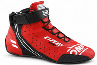 Thumbnail for OMP ONE EVO X Race Shoes in red and black, single right-facing high-top racing shoe with ankle strap, black laces, perforated side panels, OMP branding, and black toe reinforcement.