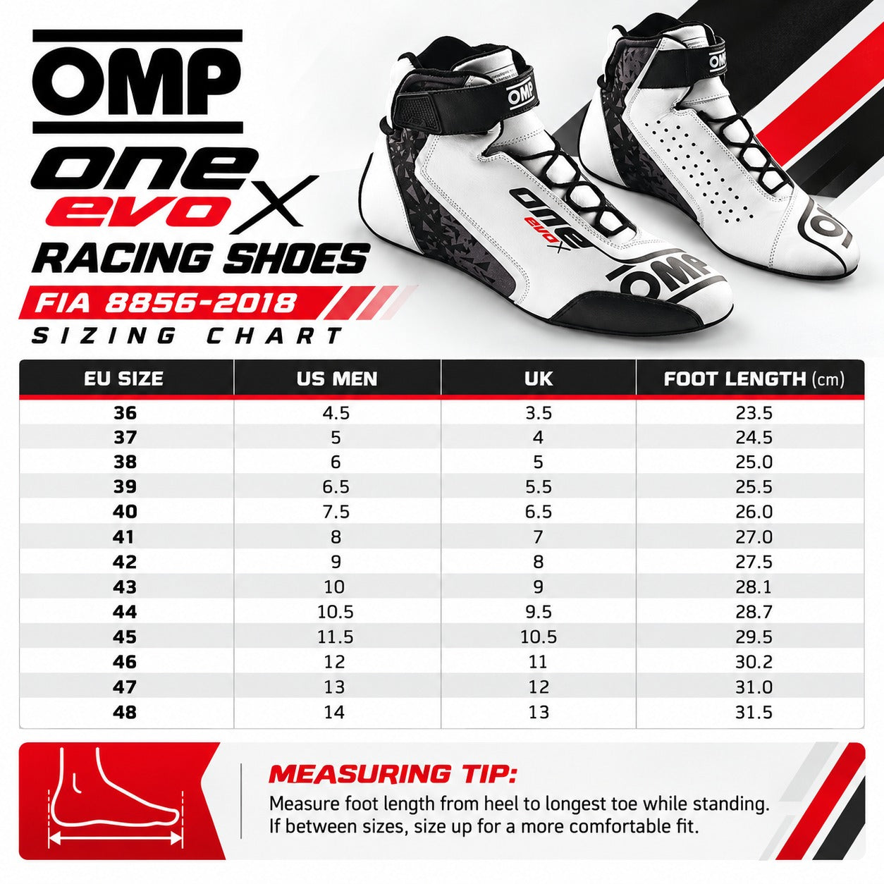 A sizing chart graphic for OMP One Evo FIA 8856-2018 racing shoes, showing a table with EU size, US Men, UK, and foot length in centimeters. The graphic includes a pair of white, black, and red high-top racing shoes at the top and a small measuring-tip illustration at the bottom.
