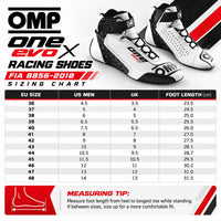 Thumbnail for A sizing chart graphic for OMP One Evo FIA 8856-2018 racing shoes, showing a table with EU size, US Men, UK, and foot length in centimeters. The graphic includes a pair of white, black, and red high-top racing shoes at the top and a small measuring-tip illustration at the bottom.