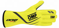 Thumbnail for OMP ONE EVO X yellow and black racing glove shown straight with the fingers facing right on a white background