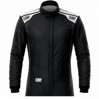 Thumbnail for OMP One-S Air black racing suit half image with white shoulder accents on a clean white background