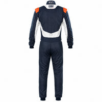 Thumbnail for OMP One S Race Suit navy and orange rear view on a clean white Shopify-ready background.