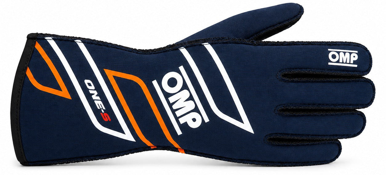 OMP One-S navy and orange auto racing glove facing right on a white background