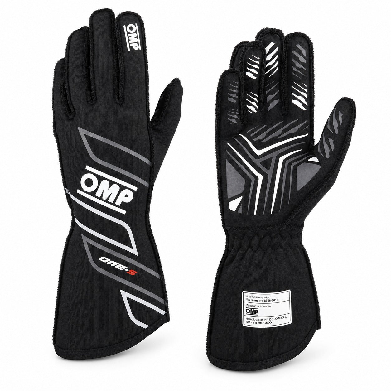 OMP ONE-S black auto racing gloves showing palm and back views