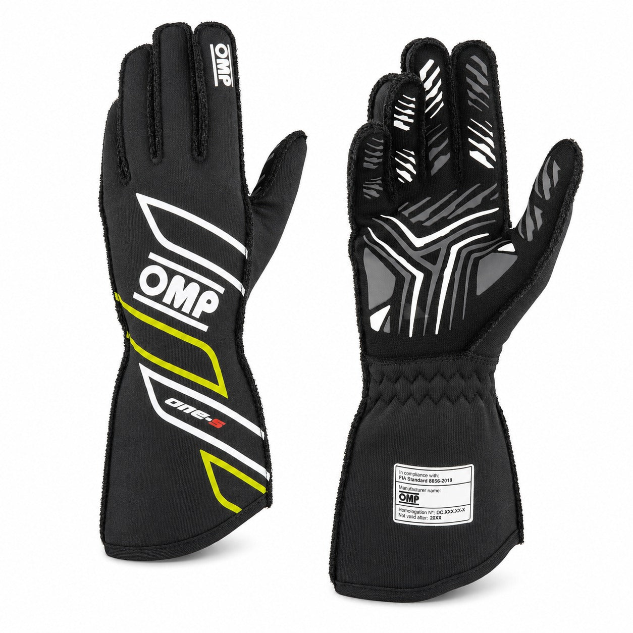 A pair of black OMP racing gloves shown from both the back and palm sides, featuring white and yellow graphic accents and textured grip patterns on a white background.