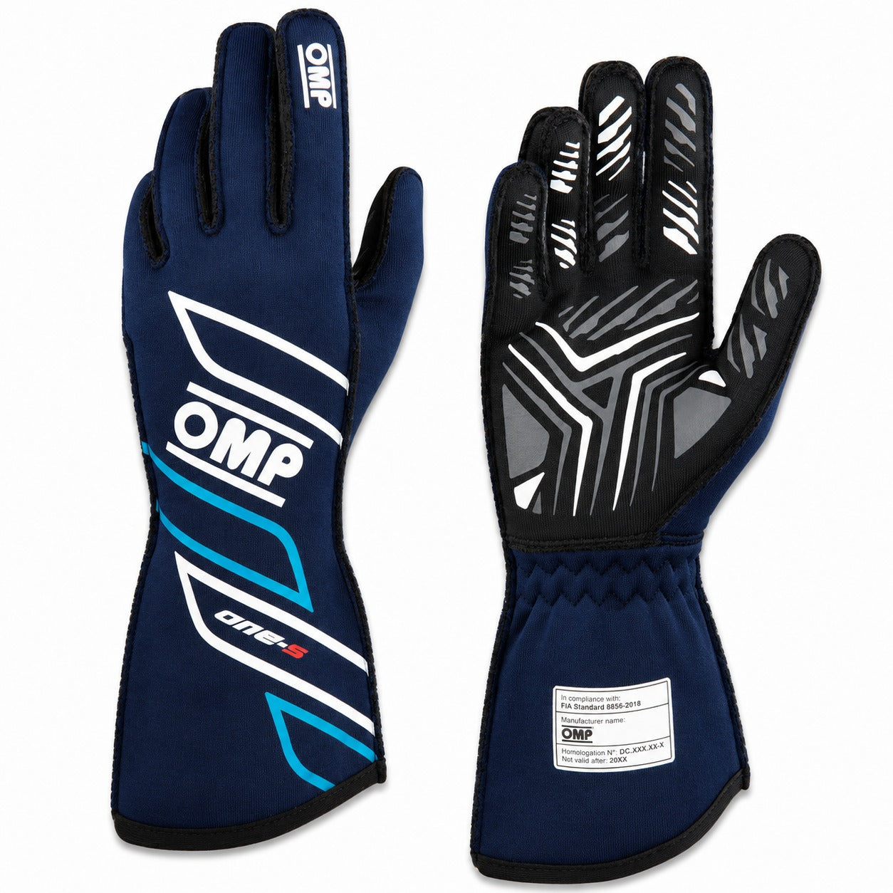 OMP ONE-S navy and cyan auto racing gloves showing palm and back views